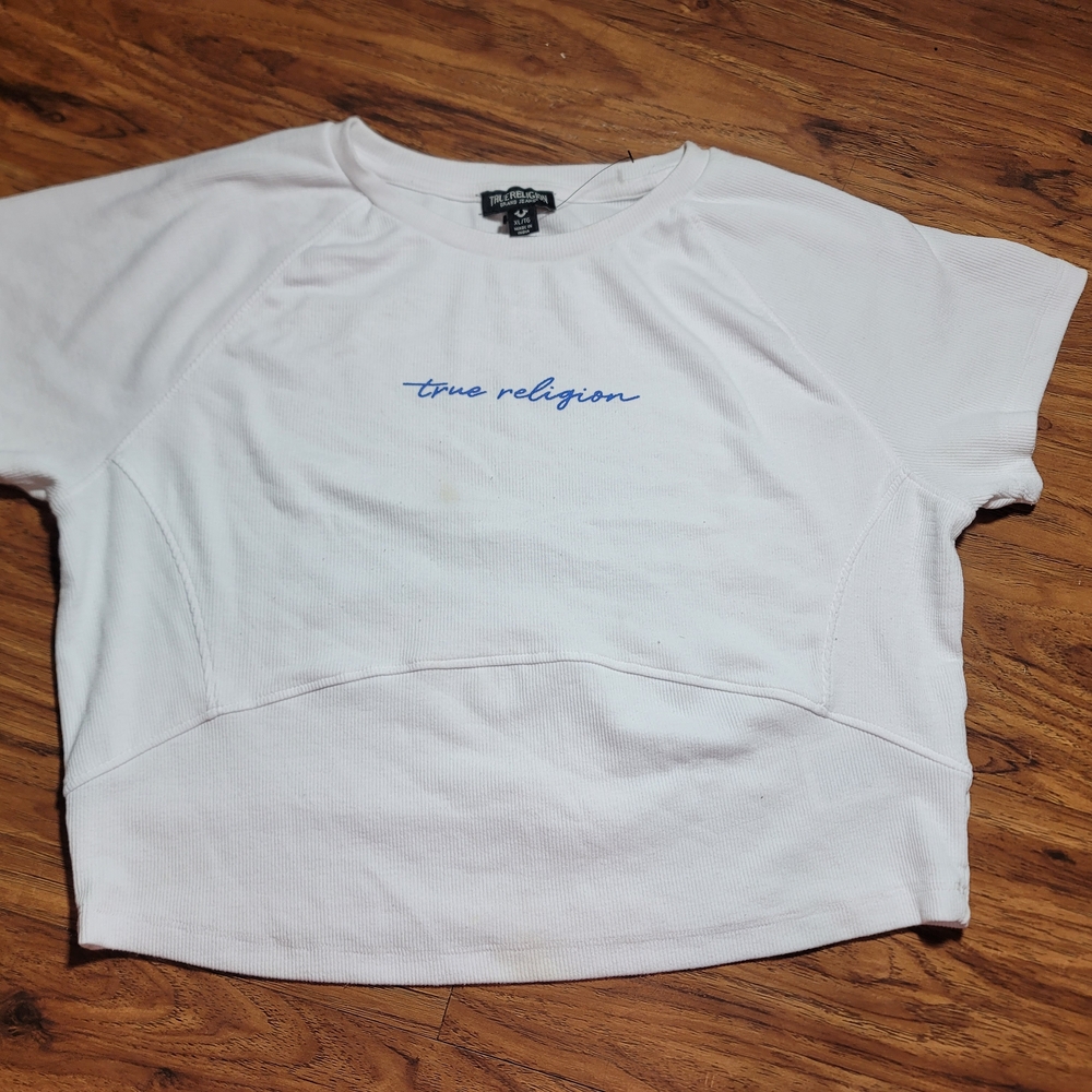🔥3 For $25 True Religion White Crop Top with Blue Logo Size XL
